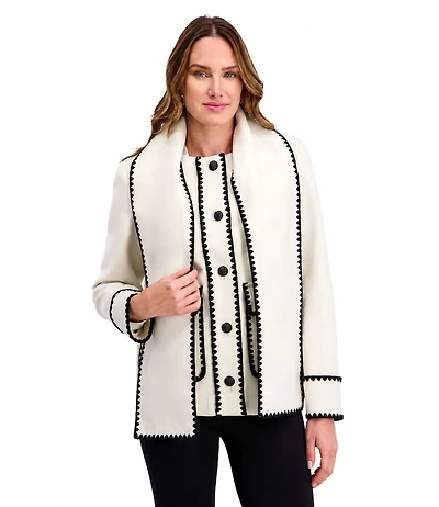 Kensie Women's Scarf Collar Faux Wool Jacket with Whipstitch Detail