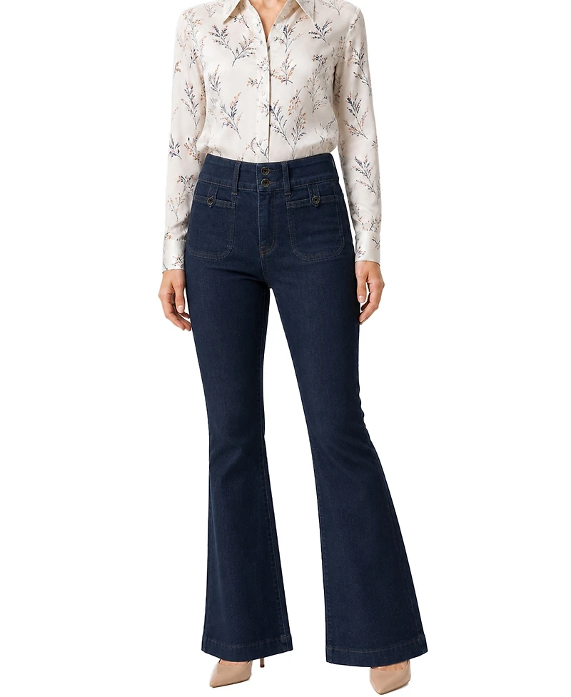 Indigo Poppy Women's Two Button Tummy Tuck High Rise Patch Pocket Tab Bootcut Jean