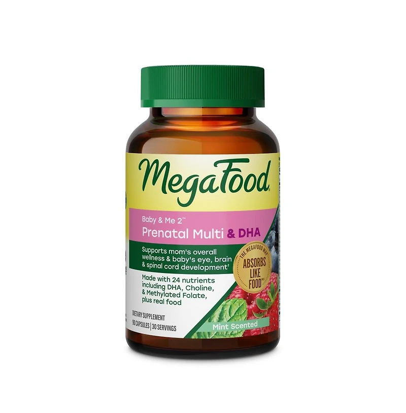 MegaFood Baby and Me 2 Prenatal Multivitamin and Dha, Choline, Methylfolate and Iron, 90 Ct
