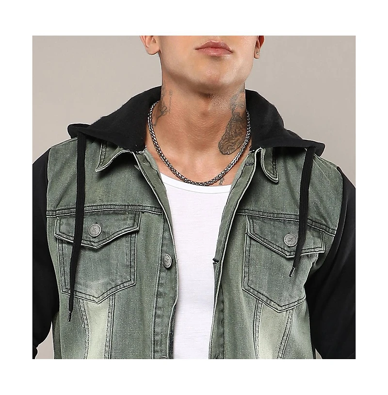 Campus Sutra Men's Light-Wash Hooded Denim Jacket With Sweatshirt-Style Sleeves