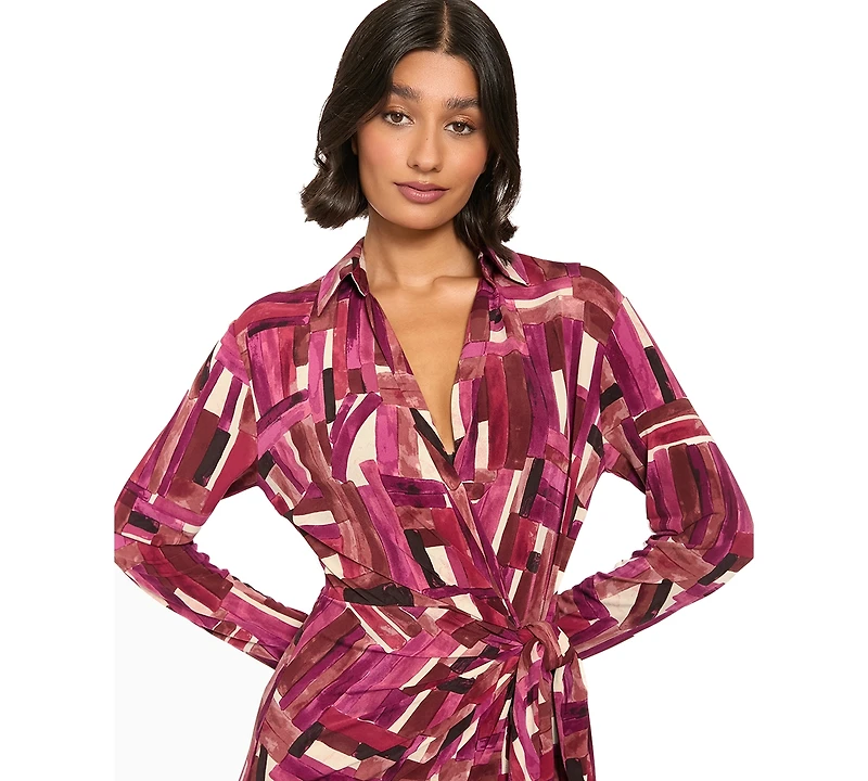 London Times Women's Ruched-Tie Side Waist Long-Sleeve Wrap Midi Dress