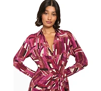 London Times Women's Ruched-Tie Side Waist Long-Sleeve Wrap Midi Dress