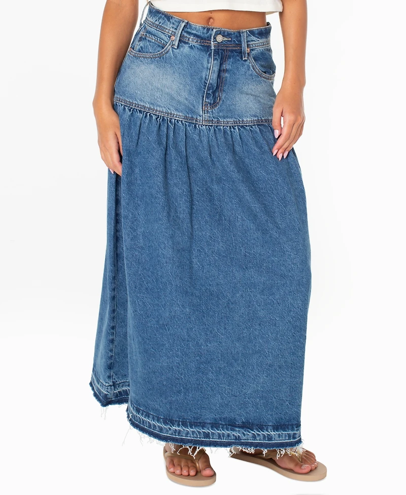 Roxy Women's Nocturne Prairie High-Waisted Tiered Maxi Denim Skirt
