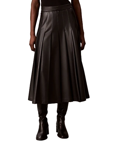 Calvin Klein Women's Pleated Midi High-Waisted Faux Leather Skirt