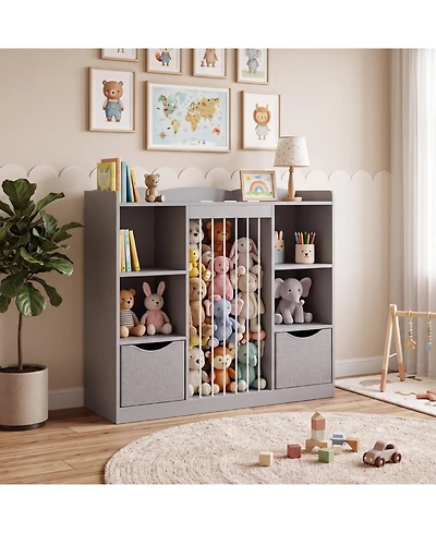 Kids Stuffed Animal Storage Organizer with Book Shelf & Elastic Cord Toy Holder - Multi-Functional Playroom Cabinet Anti-Tip Safety
