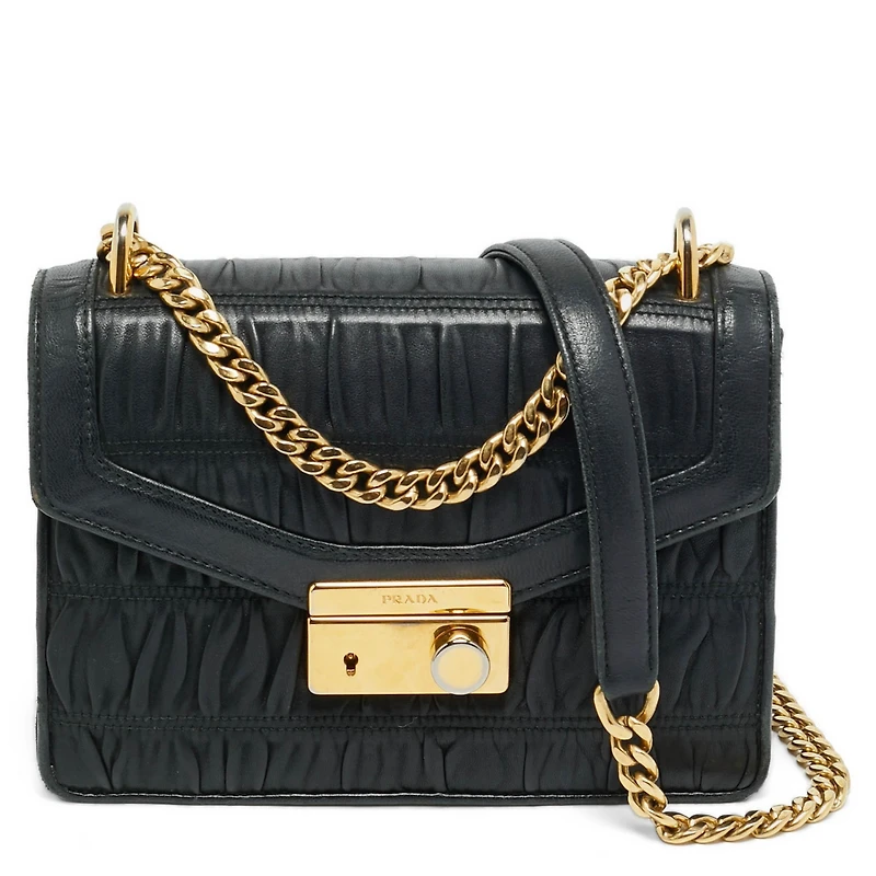 Pre-Owned Prada Gaufre Ruched-Leather Chain Shoulder Bag