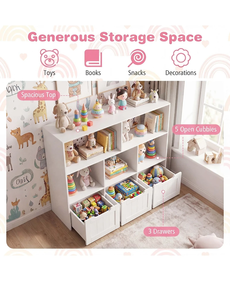 Gymax Toy Storage Organizer with 3 Movable Drawers 5 Open Cubbies and Hidden Wheels