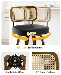 Bekrvio 29" Mid-Century Swivel Bar Height Stools, Rattan Back and Faux Leather Kitchen Stools