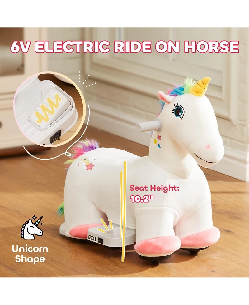 Glintex 6V Plush Electric Ride-On Unicorn with Music, 55 lbs. Capacity, Ages 18-36 Months