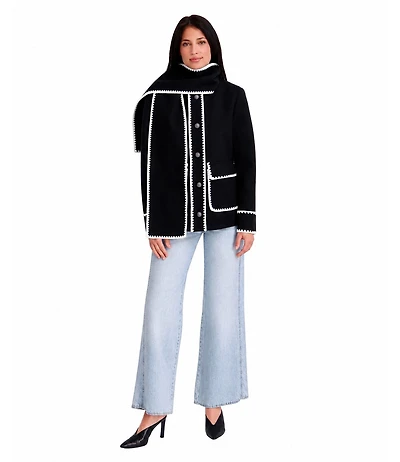 Kensie Women's Scarf Collar Faux Wool Jacket with Whipstitch Detail
