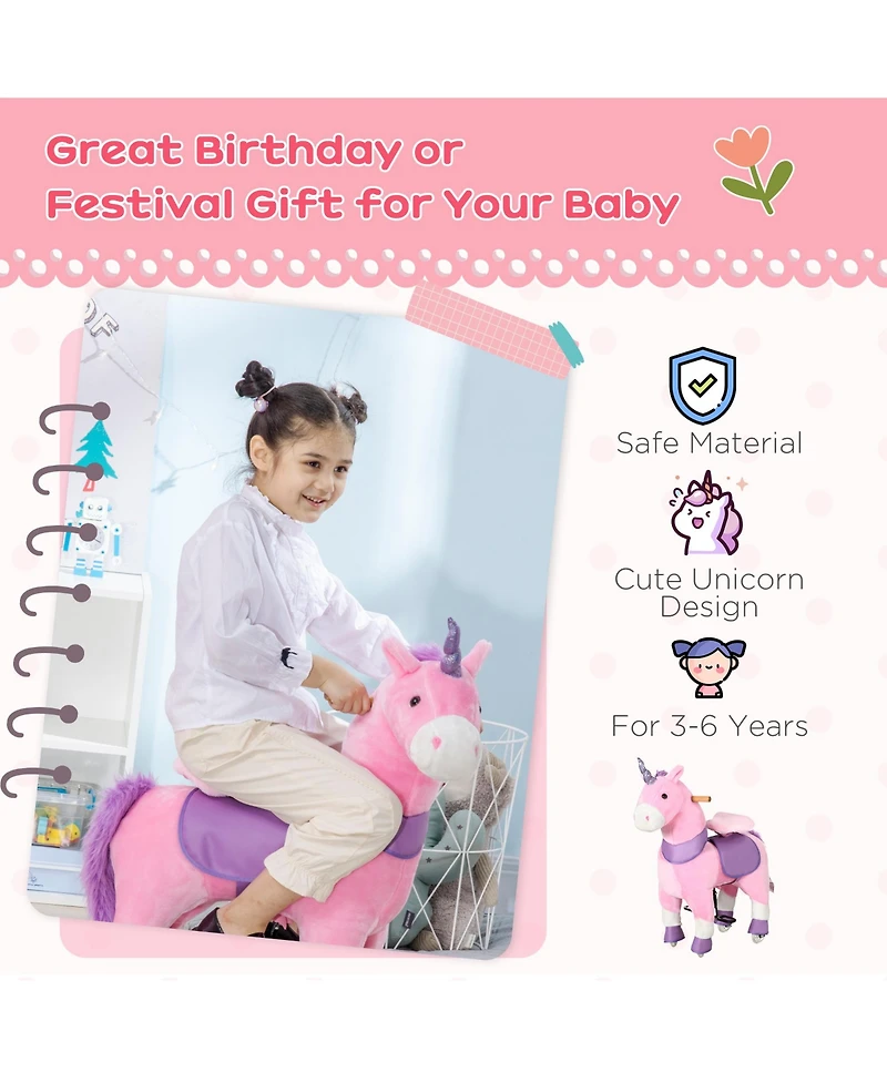 Glintex Ride On Walking Unicorn with Sparkly Horn, Plush Pedal-Powered Ride-On Toy with Pu Wheels for Kids 3-6, Holds 176 lbs, Pink
