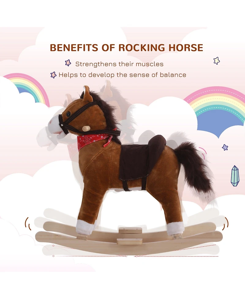 Glintex Kids Rocking Horse with realistic sounds, red scarf, plush pony design, saddle and footrest, for ages 3+, supports up to 88 lbs