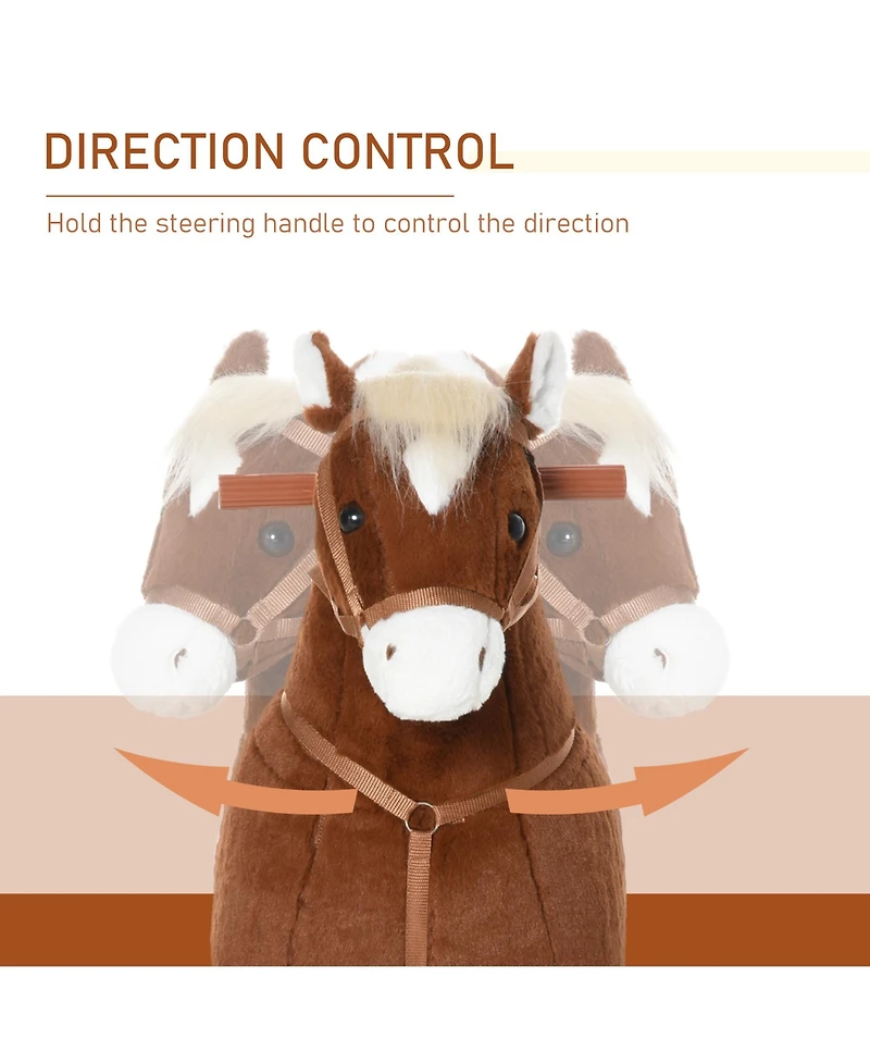 Glintex Ride-On Walking Horse with pedal drive, rolling wheels, steering handlebars, plush pony design, for kids 5-16, supports 130 lbs, Brown.