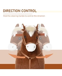 Glintex Ride-On Walking Horse with pedal drive, rolling wheels, steering handlebars, plush pony design, for kids 5-16, supports 130 lbs, Brown.