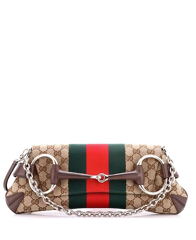 Pre-Owned Gucci Medium Horsebit Nm Web Chain Clutch Gg Canvas