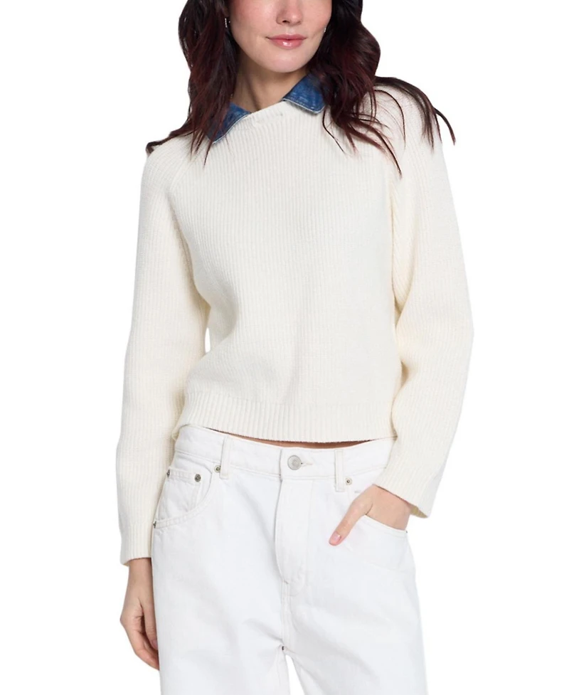 Central Park West Women's Nash Ribbed-Knit Denim Long-Sleeve Sweater