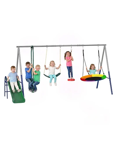 Glintex 5-in-1 Kids Swing Set with Slide, Nest Swing, Belt Swing, Glider, Standing Swing, Steel A-Frame, 771 lbs Capacity, Ages 3–8