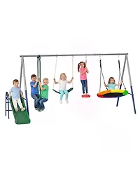 Glintex 5-in-1 Kids Swing Set with Slide, Nest Swing, Belt Swing, Glider, Standing Swing, Steel A-Frame, 771 lbs Capacity, Ages 3–8