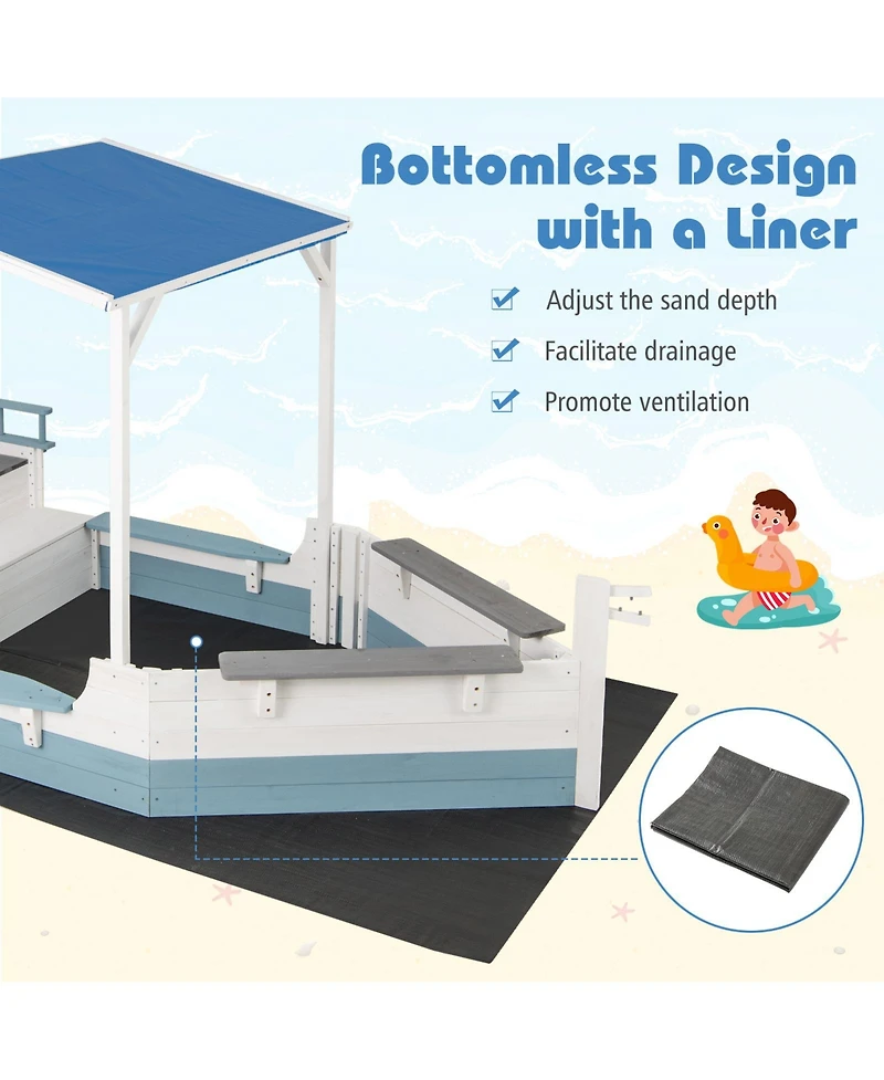 Glintex Pirate Ship Sand Pit With Canopy & Bench Seats, 86"L x 43"W x 64"H Fir Wood, 440 lb Sand, Ages 3-8