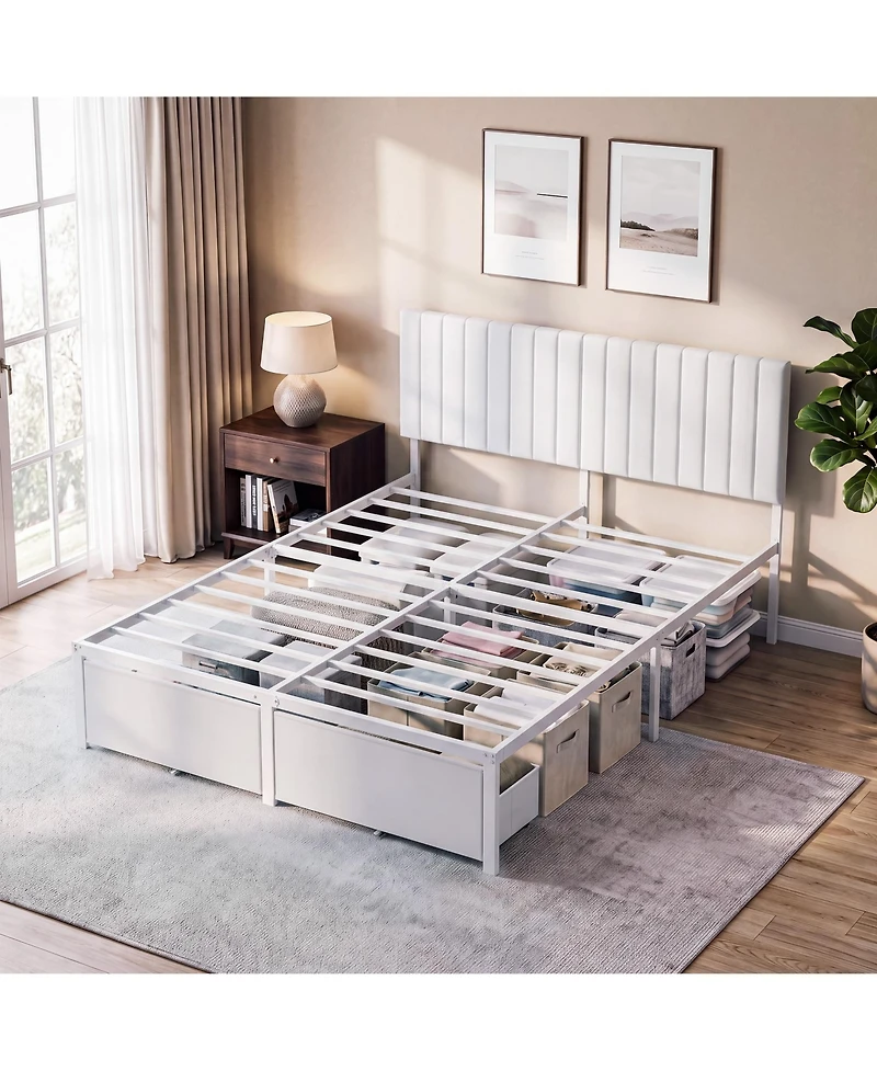 homfan Bed Frame with Upholstered Headboard, Adjustable Headboard Iron Platform Bed, No Box Spring Needed