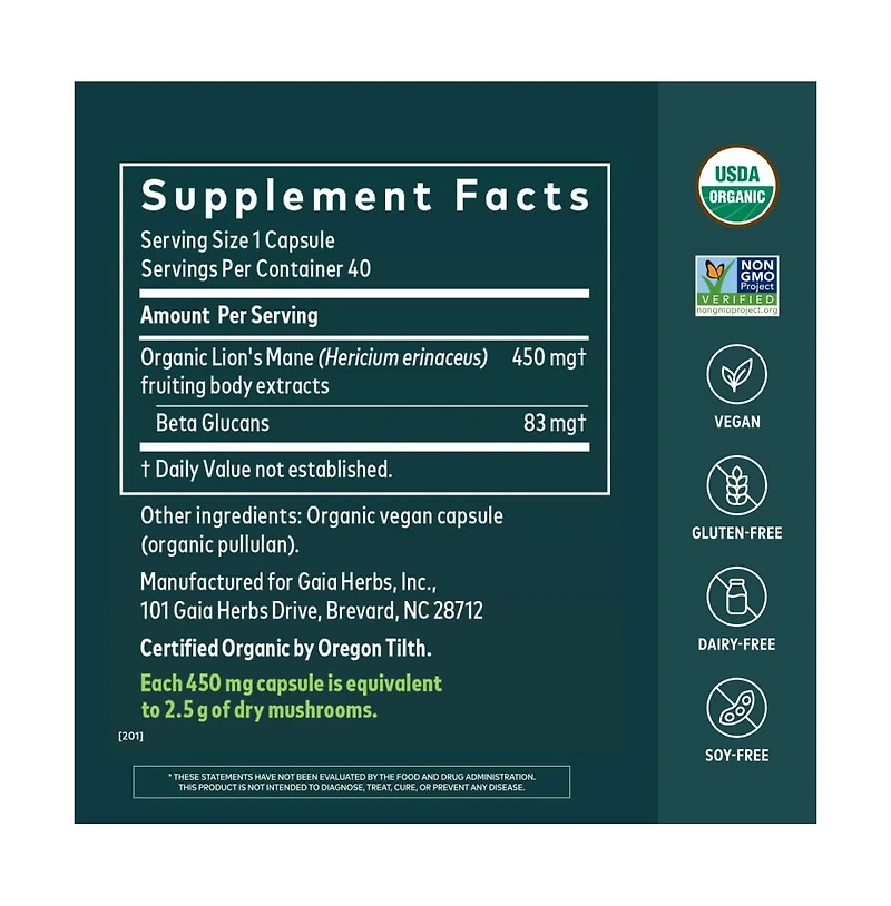 Gaia Herbs Organic Lion's Mane Mushroom - Brain and Nerve Support Supplement to Help Maintain Neurological Health