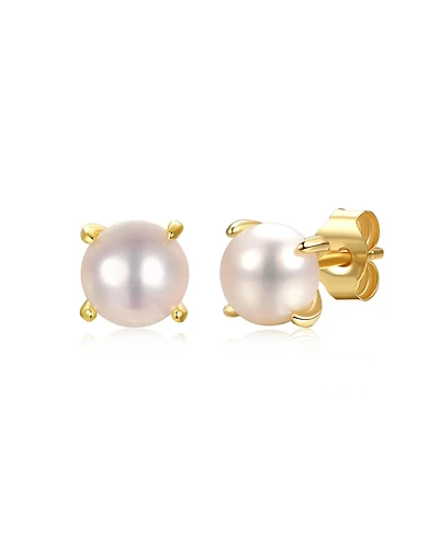 14k Gold Plated with Round White Genuine Pearl Solitaire Stud Earrings Sterling Silver