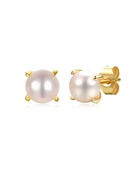 14k Gold Plated with Round White Genuine Pearl Solitaire Stud Earrings Sterling Silver