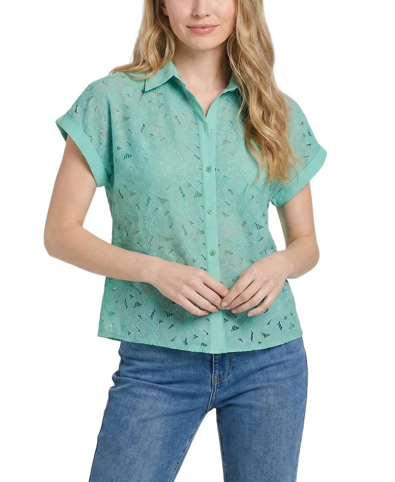 Ny Collection Women's Short-Sleeve Point-Collar Button-Down Top