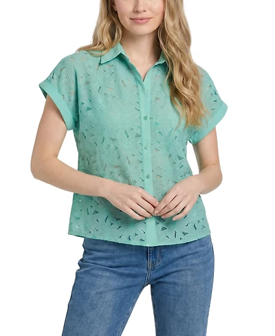 Ny Collection Women's Short-Sleeve Point-Collar Button-Down Top