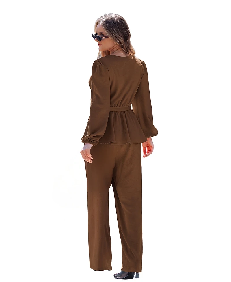 Cupshe Women's Elegant V-Neck Top and Wide-Leg Pants Matching Set