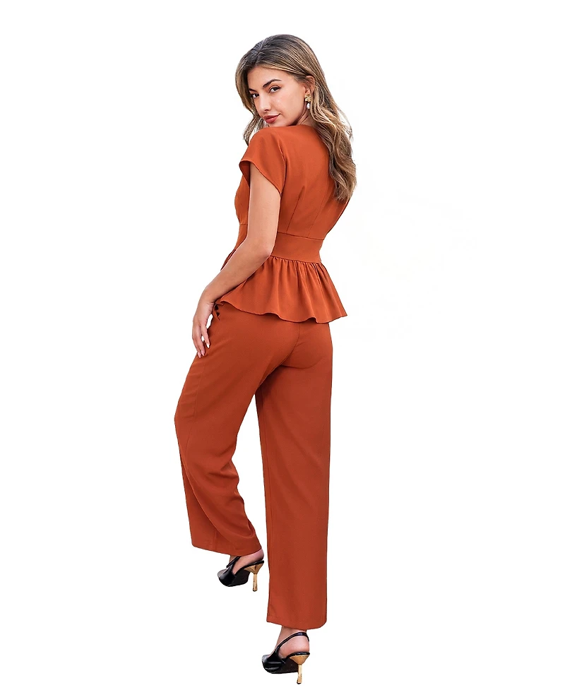 Cupshe Women's Elegant V-Neck Belted Peplum Top and Wide Leg Pants Two-Piece Set
