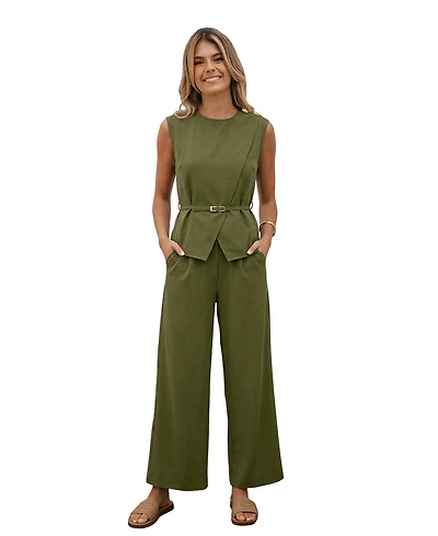 Cupshe Women's Elegant Crew Neck Belted Top and Wide Leg Pants Two-Piece Set