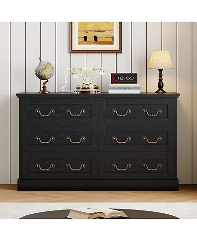 6 Drawer Wide Dresser Chest, Vintage Metal Pull Handles, Large Storage Cabinet For Bedroom, Entryway, Living Room and Hallway
