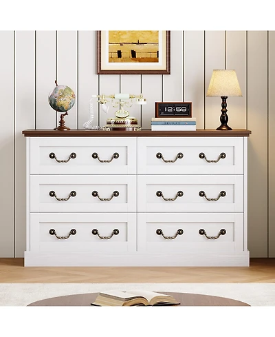 6 Drawer Wide Dresser Chest, Vintage Metal Pull Handles, Large Storage Cabinet For Bedroom, Entryway, Living Room and Hallway