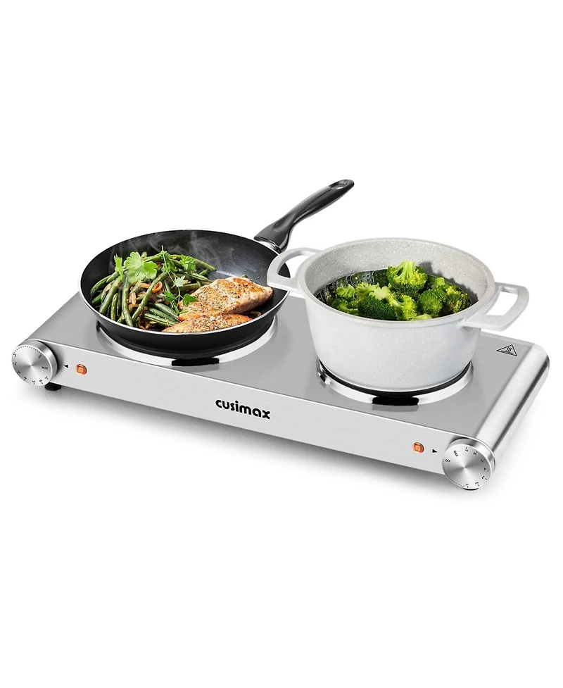 Cusimax 1800W Electric Cooktop Stainless Steel Hot Plate Double Burner With Temperature Control Portable Cookware