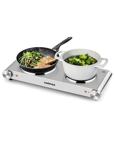 Cusimax 1800W Electric Cooktop Stainless Steel Hot Plate Double Burner With Temperature Control Portable Cookware
