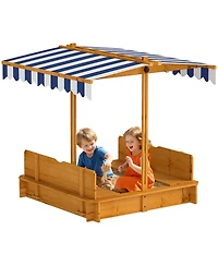 Glintex Wooden Kids Sandbox with Adjustable Canopy, Foldable Bench Seats and Bottom Liner, 41.7" Square, 45.3" Tall, Ages 2+