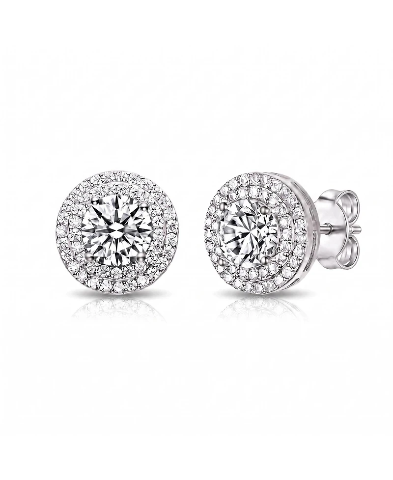 Cubic Zirconia Sterling Silver round Haloed Stud Earrings
