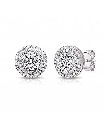 Cubic Zirconia Sterling Silver round Haloed Stud Earrings