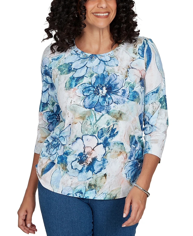 Alfred Dunner Petite Etched Florals Ruched Sides Top