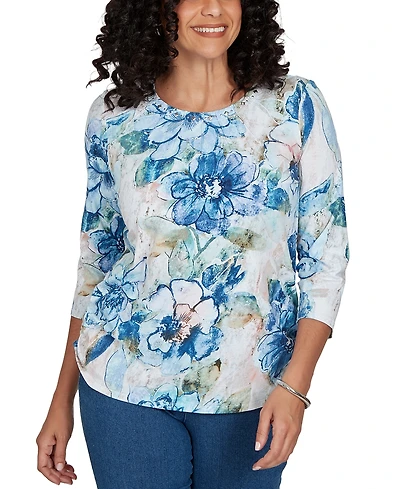 Alfred Dunner Petite Etched Florals Ruched Sides Top