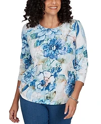 Alfred Dunner Petite Etched Florals Ruched Sides Top