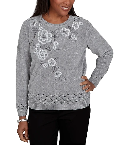 Alfred Dunner Women's Classic Embroidered Floral Textured Chenille Sweater