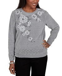 Alfred Dunner Women's Classic Embroidered Floral Textured Chenille Sweater