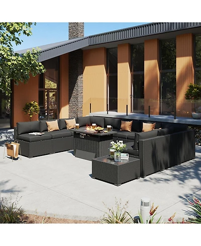 Aoxun 12-Piece Outdoor Wicker Patio Conversation Set with 44" Propane Fire Pit Table and Cushions