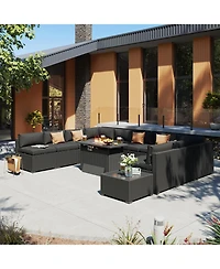 Aoxun 12-Piece Outdoor Wicker Patio Conversation Set with 44" Propane Fire Pit Table and Cushions