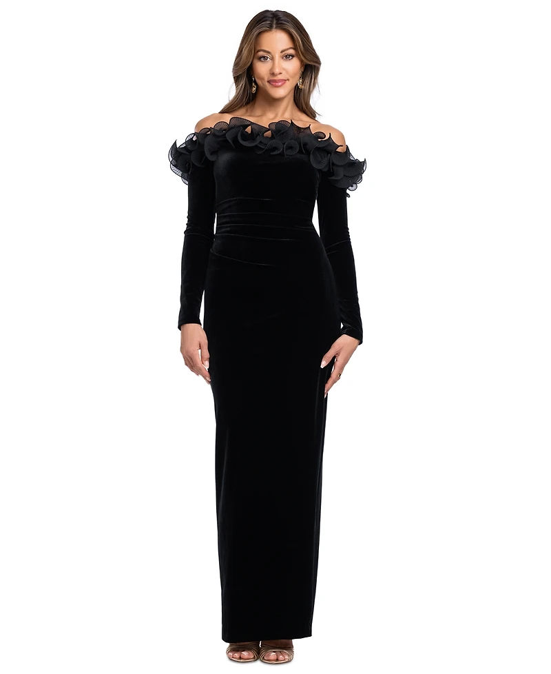 Xscape Women's Off-the-Shoulder Velvet Ruffled Gown