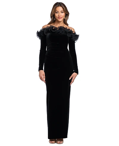 Xscape Women's Off-the-Shoulder Velvet Ruffled Gown