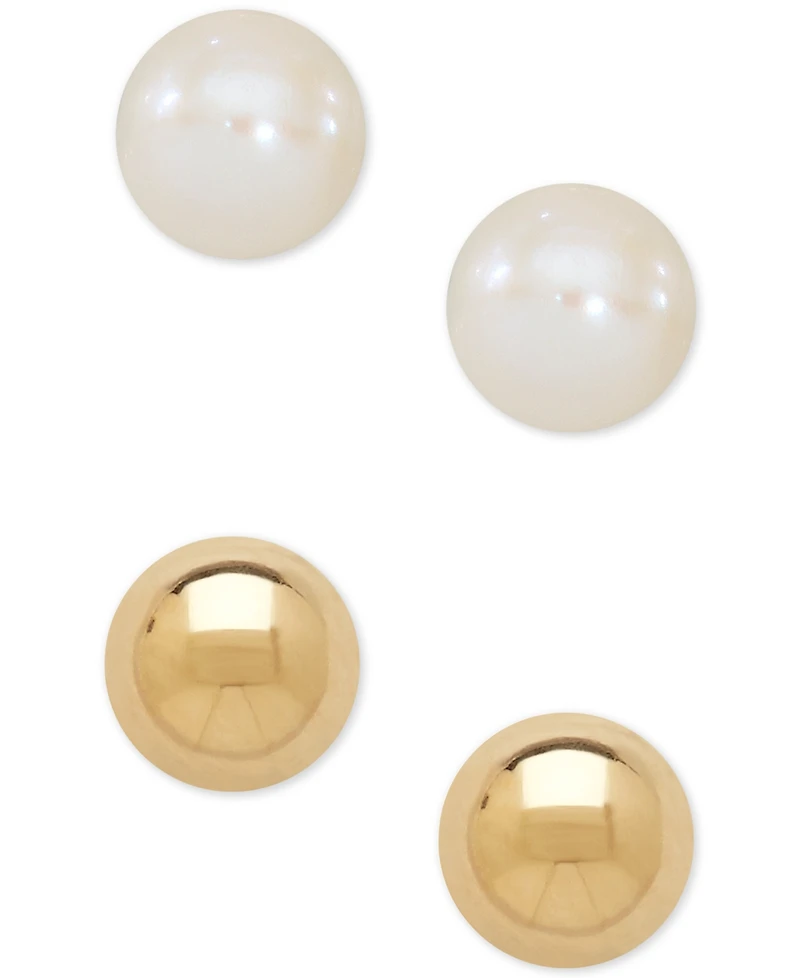 Children's 2-Pc Set Cultured Freshwater Pearl (3-3/4mm) and Gold Ball Earring Set in 14k Gold