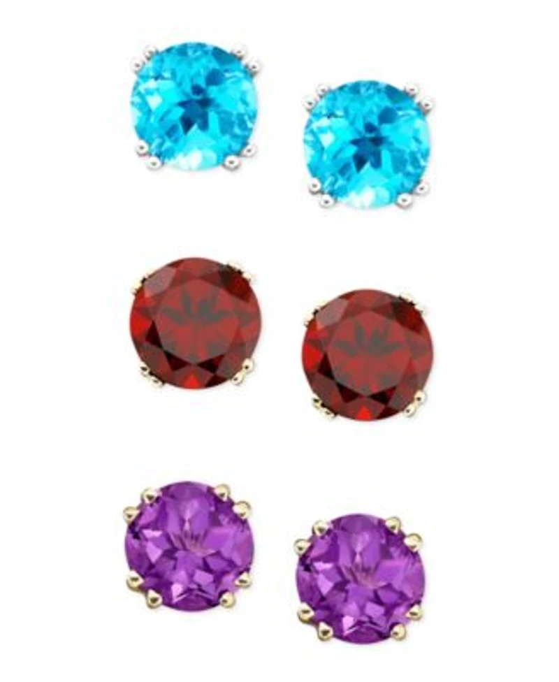 Semi Precious Gemstone Round Stud Earrings In 14k White Yellow Gold